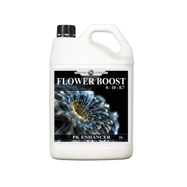 White jug bottle with handle in black packaging and screw cap. The label reads "Flower Boost, PK Enhancer".