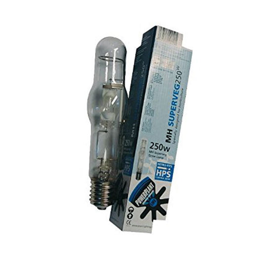 Clear Metal Halide bulb next to white and blue packaging box.