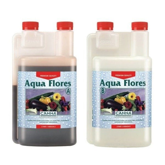 Two Aqua Flores bottles, each with 2 red screw caps