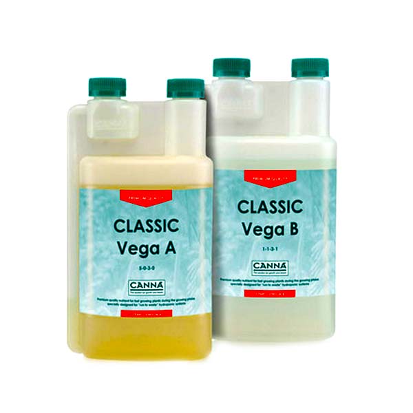 Two opaque bottles with green cap. One bottle is labeled "Vega A" while the other is labeled "Vega B"