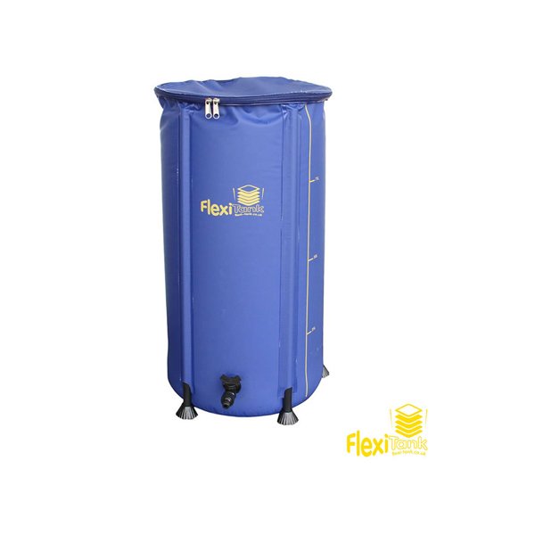 blue cylinder with yellow writing