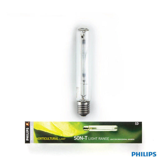 High Pressure Sodium lamp with clear tubular outer bulb, featuring yellow and green packaging.