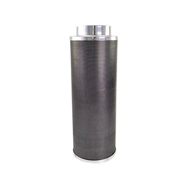 Black mesh filter with aluminium top cap and bottom.