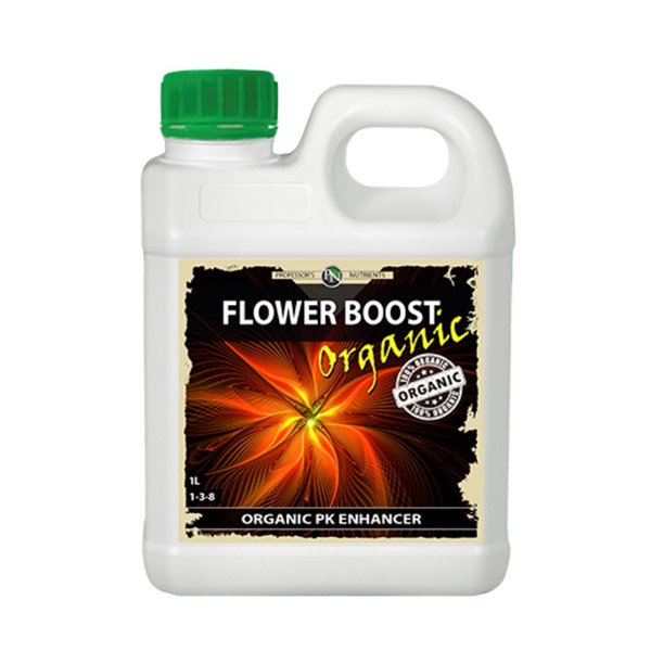 1L of Professor's Nutrients Organic Bloom packaged in white bottle with handle and green screw top.