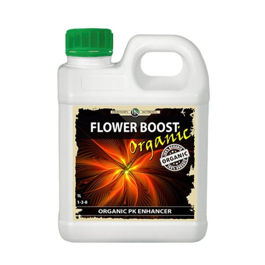 1L of Professor's Nutrients Organic Bloom packaged in white bottle with handle and green screw top.