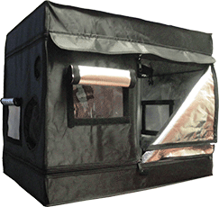 Black tent with internal silver lining.