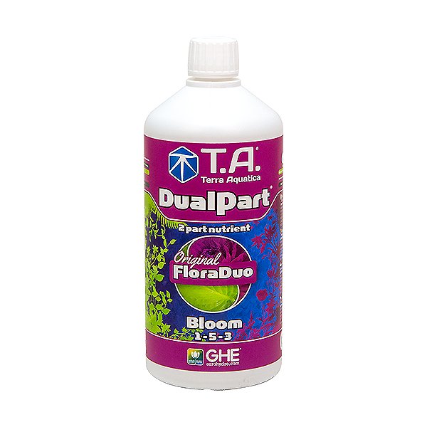 T.A. DualPart Bloom 1L in white bottle and maroon packaging.