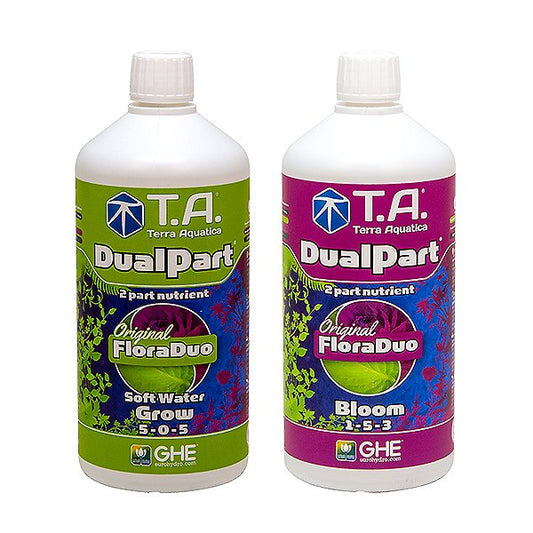 Terra Aquatica DualPart in Grow and Bloom 1-litre bottles.